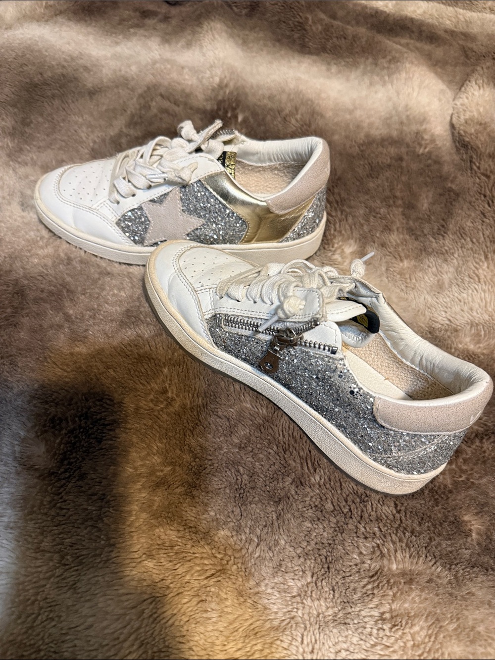 Vintage Havana White Sneakers with Silver Glitter and Gold Heel
